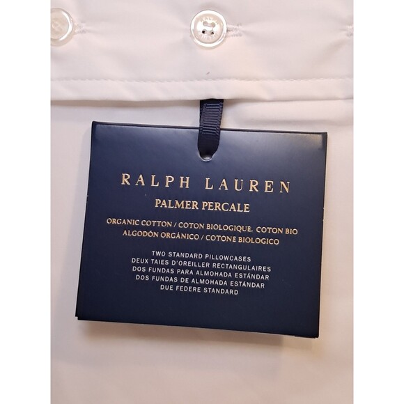 NEW Ralph Lauren Palmer Percale Org Cotton 2 Standard Pillowcases White Sky Blue - Picture 2 of 10